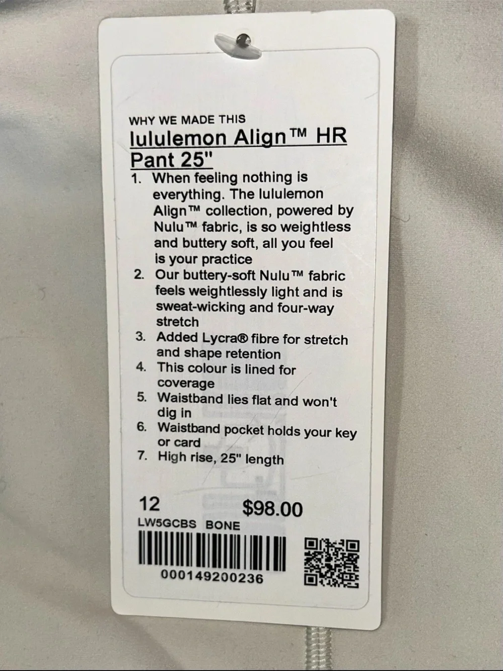 NWT*LULULEMON*SIZE 12*ALIGN HIGH RISE 25”LENGTH PANT*AUTHENTIC*BONE/IVORY*$98